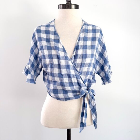 Rails Athena Blue Gingham Cropped Wrap Top XS Linen Blend - Picture 2 of 14
